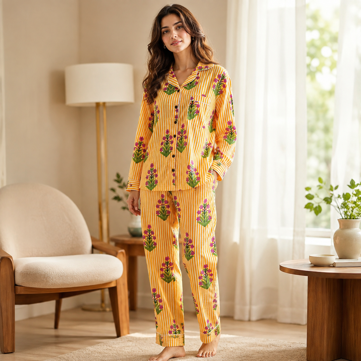 Yellow Stripe & Pink Floral Print Cotton Pajama Set, Bright Botanical Sleepwear & Loungewear