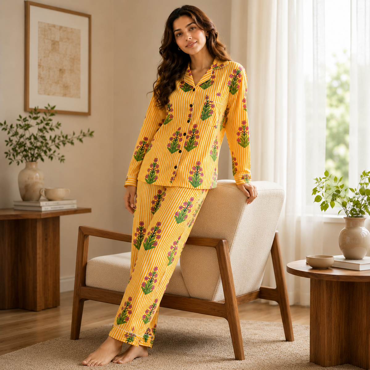 Yellow Stripe & Pink Floral Print Cotton Pajama Set, Bright Botanical Sleepwear & Loungewear
