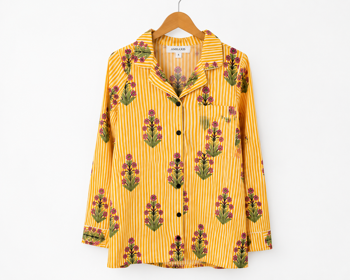 Yellow Stripe & Pink Floral Print Cotton Pajama Set, Bright Botanical Sleepwear & Loungewear