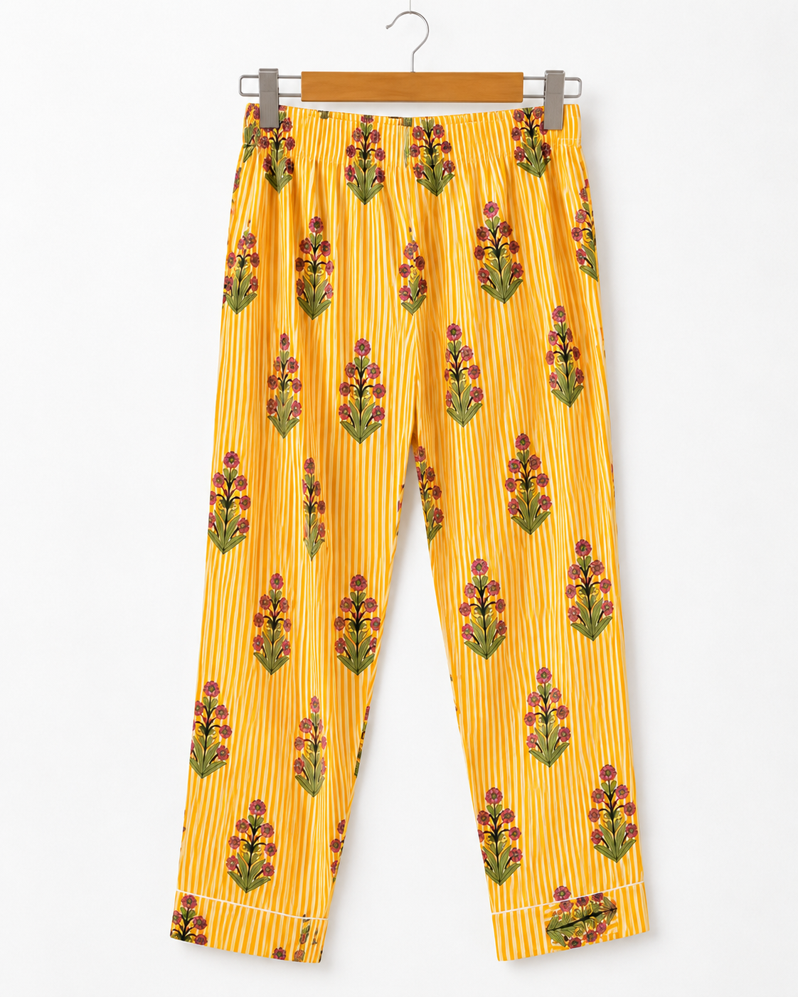 Yellow Stripe & Pink Floral Print Cotton Pajama Set, Bright Botanical Sleepwear & Loungewear