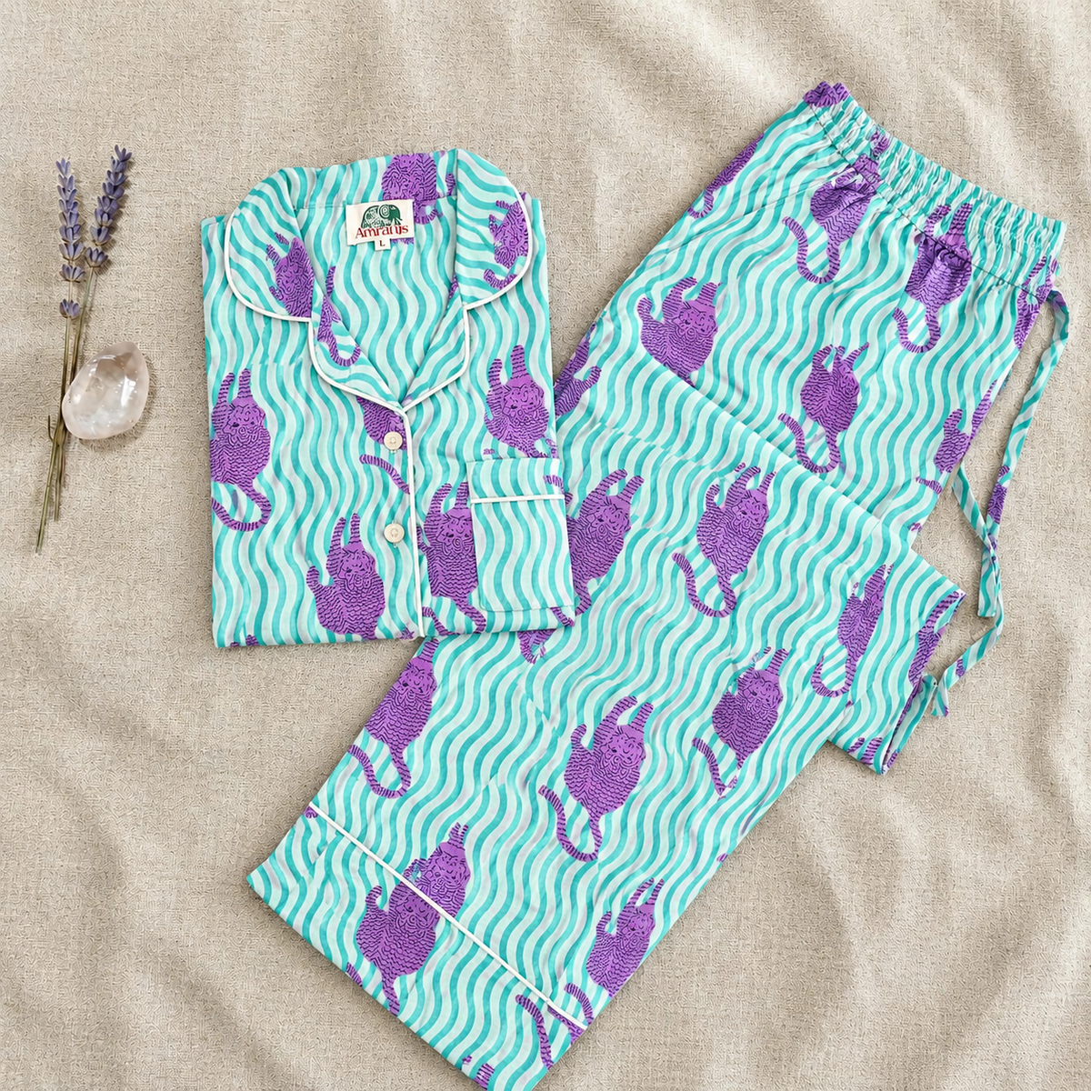 Turquoise Wave Stripe & Purple Tiger Print Cotton Pajama Set, Wild Jungle Sleepwear & Loungewear