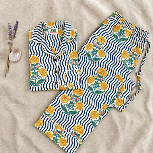 Navy Wave Marigold Floral Print Cotton Pajama Set, Botanical Sleepwear & Loungewear, Gift For Her, Hand Block Print Pajama Set