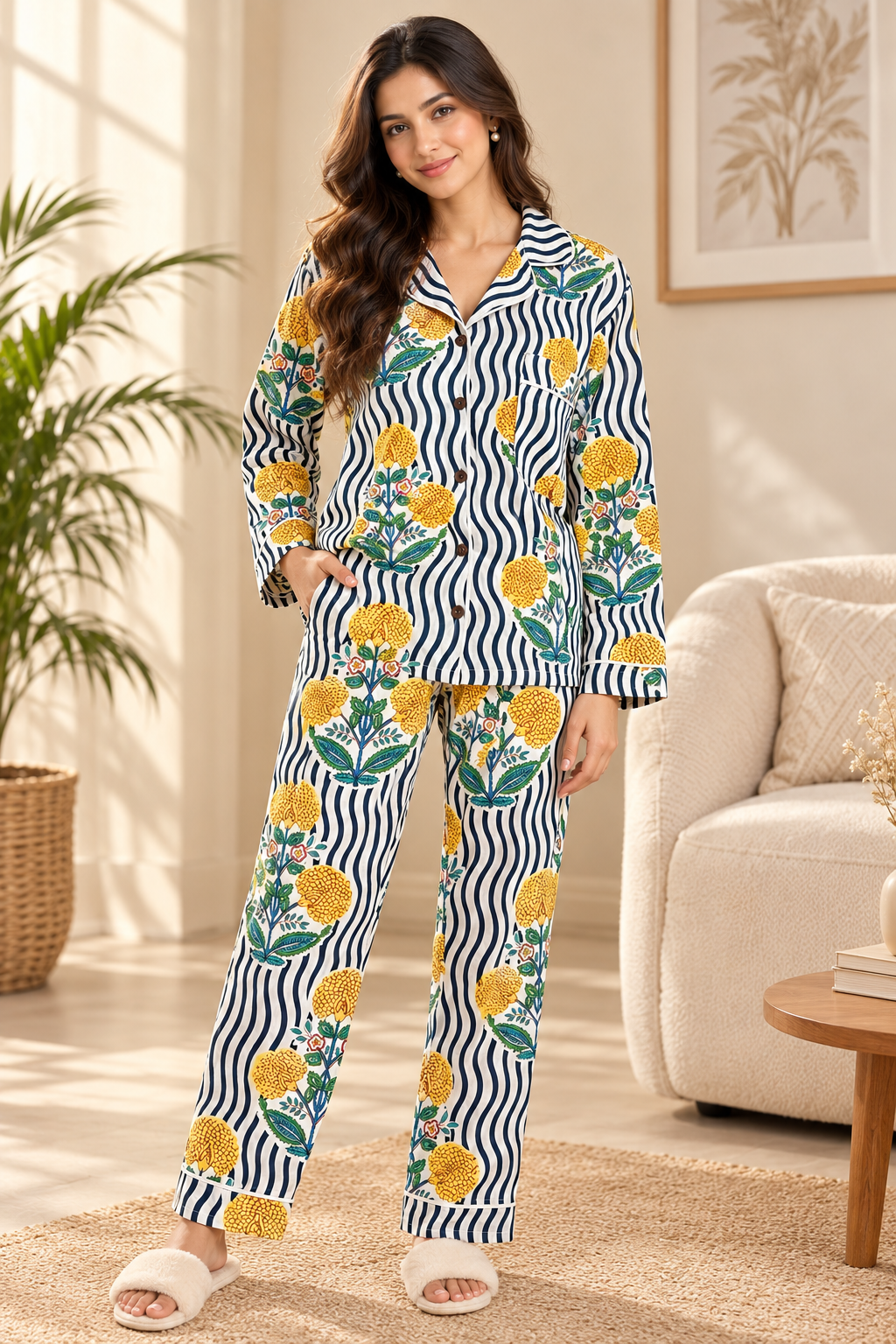 Navy Wave Marigold Floral Print Cotton Pajama Set, Botanical Sleepwear & Loungewear, Gift For Her, Hand Block Print Pajama Set