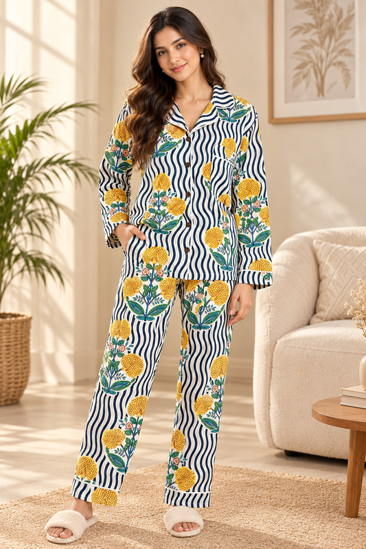 Navy Wave Marigold Floral Print Cotton Pajama Set, Botanical Sleepwear & Loungewear, Gift For Her, Hand Block Print Pajama Set