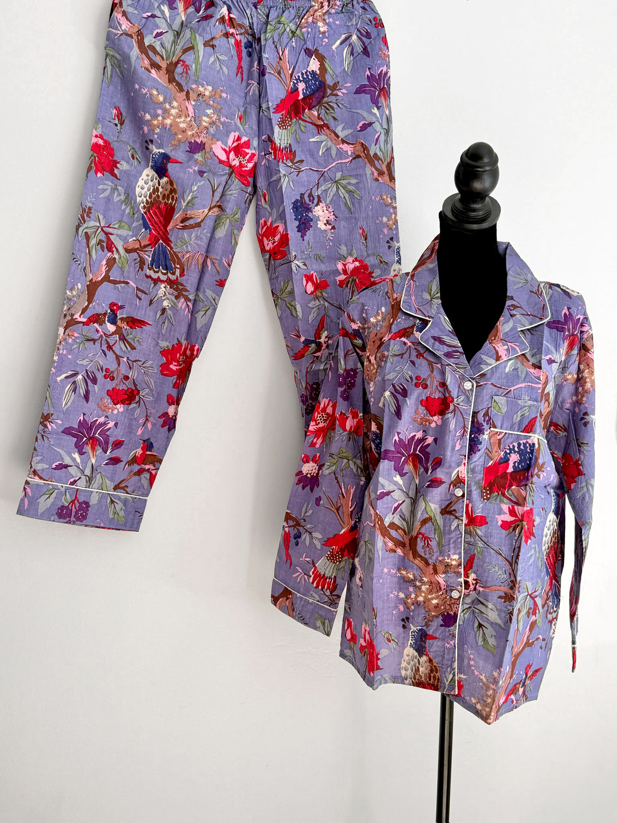 Lilac Purple Exotic Bird & Floral Block Print Cotton Pajama Set, Whimsical Botanical Sleepwear & Loungewear