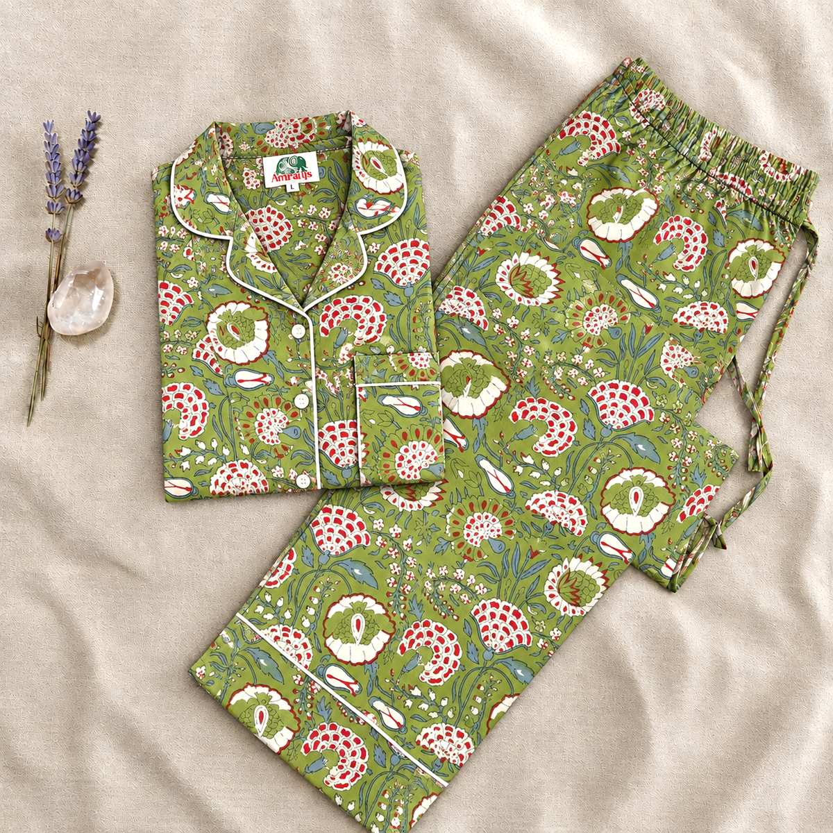 Olive Green Floral Motifs Block Print Cotton Pajama Set, Artisanal Sleepwear & Loungewear, Thanksgivings Gifts