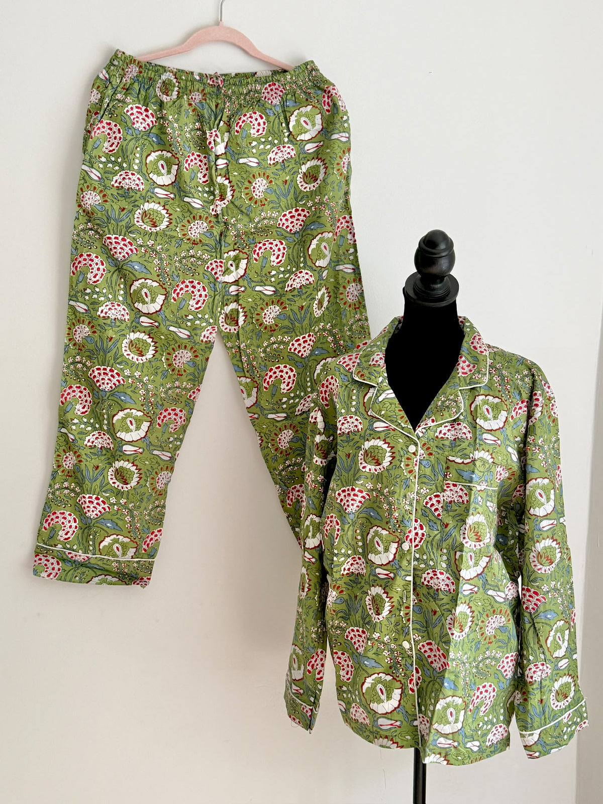 Olive Green Floral Motifs Block Print Cotton Pajama Set, Artisanal Sleepwear & Loungewear, Thanksgivings Gifts