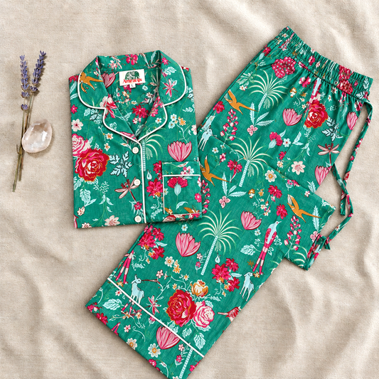 Emerald Green Tropical Forest & Floral Block Print Cotton Pajama Set, Wildlife Sleepwear & Loungewear