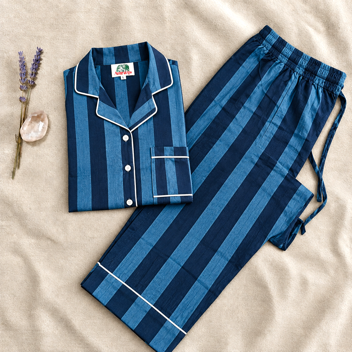 Green & Blue Striped Cotton Nightwear Set, Soft Cotton Lounge & Sleepwear For Women, Bridesmaids Loungewear