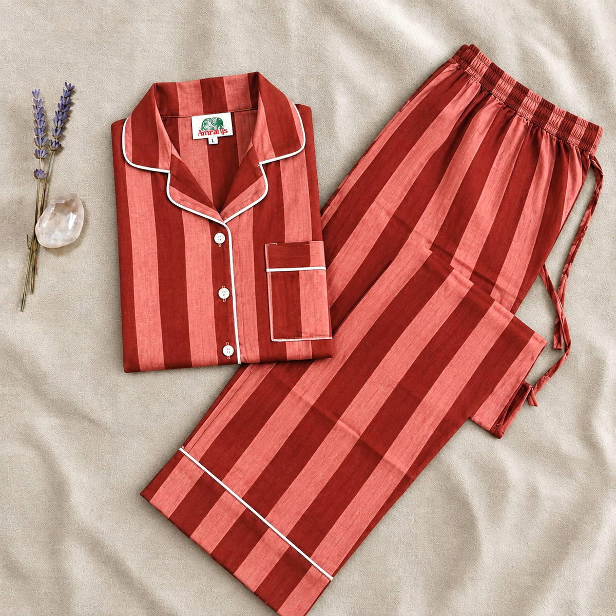 Red Striped Cotton Nightwear Set, Soft Cotton Lounge & Sleepwear For Women, Bridesmaids Loungewear
