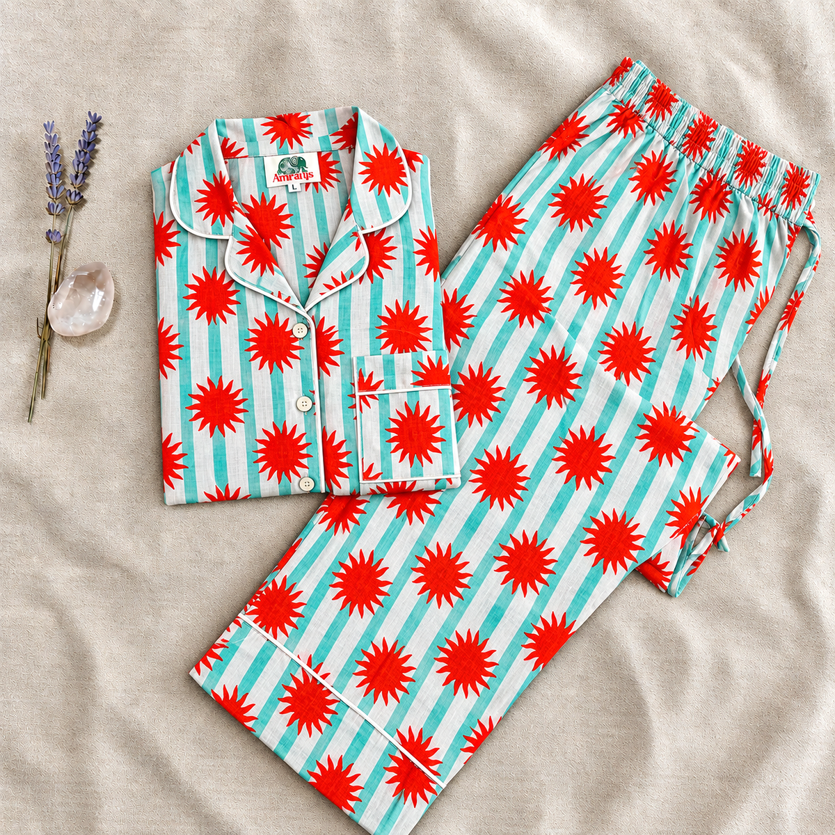Teal Blue & Bright Red Sunburst Striped Block Print Cotton Pajama Set, Quirky Sleepwear & Loungewear