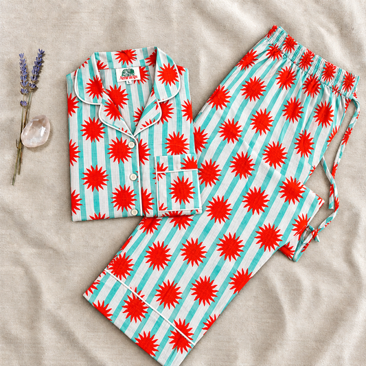 Teal Blue & Bright Red Sunburst Striped Block Print Cotton Pajama Set, Quirky Sleepwear & Loungewear