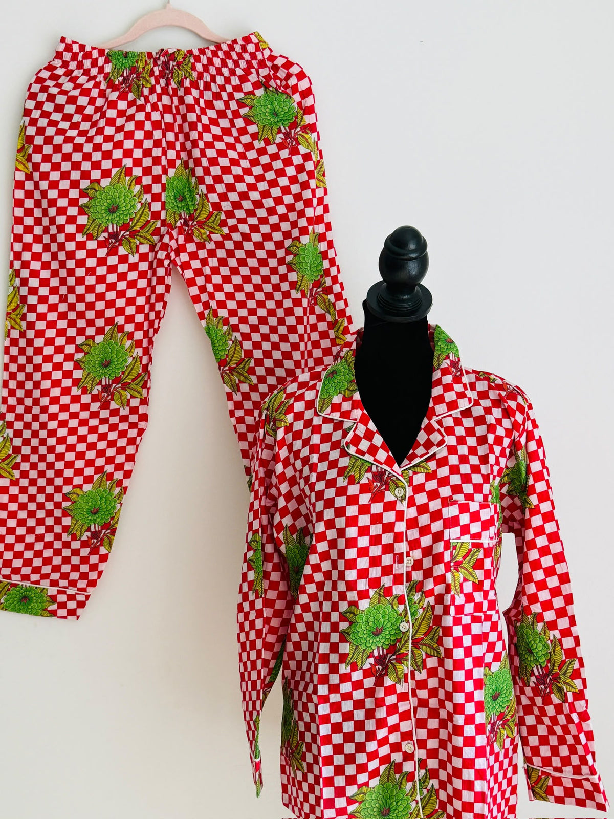 Red & White Checkered Block Print Cotton Pajama Set, Vibrant Floral Sleepwear & Loungewear
