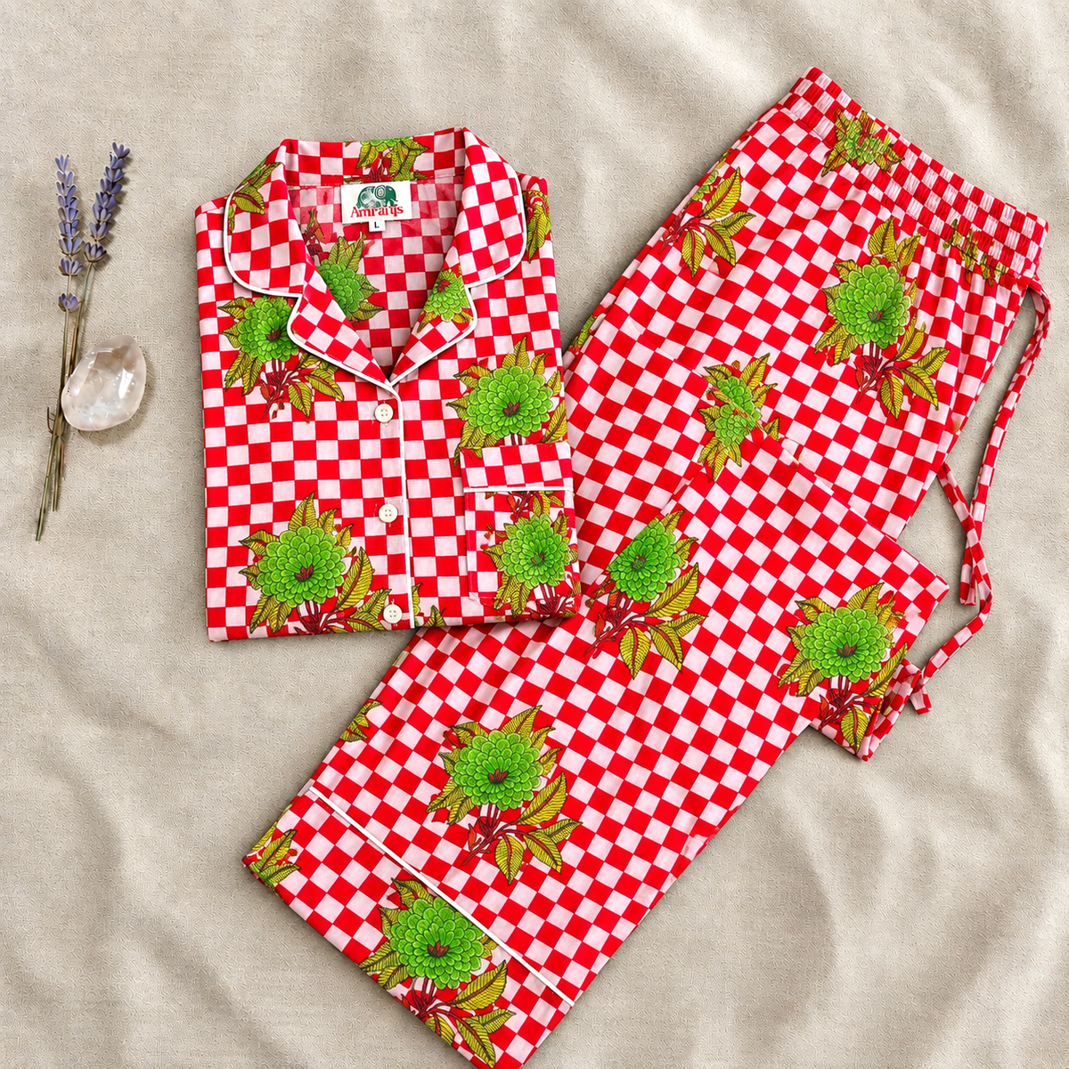 Red & White Checkered Block Print Cotton Pajama Set, Vibrant Floral Sleepwear & Loungewear