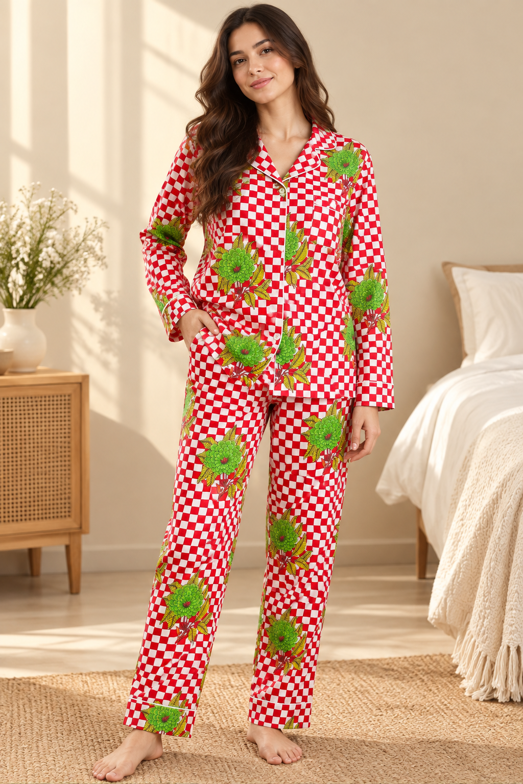Red & White Checkered Block Print Cotton Pajama Set, Vibrant Floral Sleepwear & Loungewear