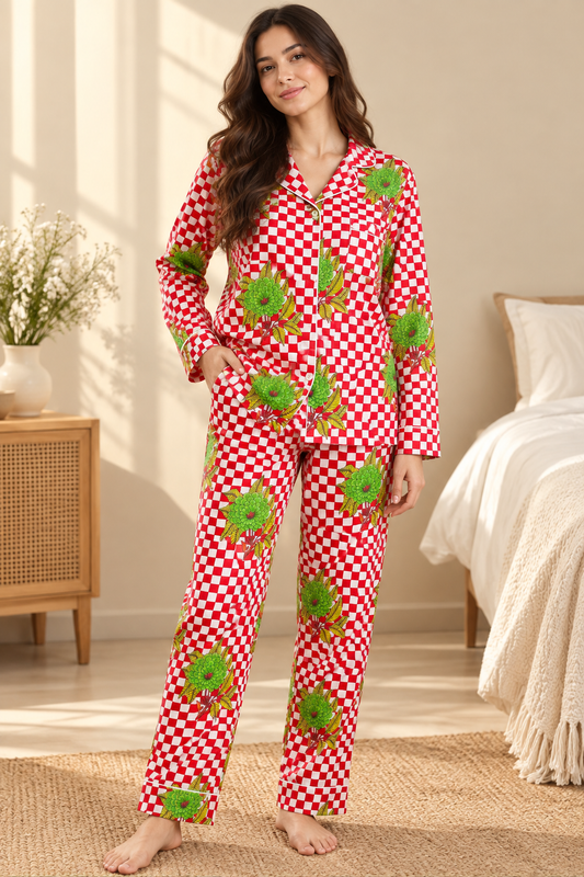 Red & White Checkered Block Print Cotton Pajama Set, Vibrant Floral Sleepwear & Loungewear