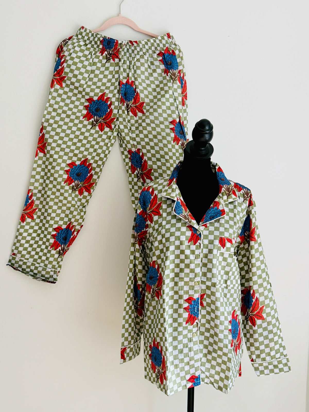 Red & White Checkered Block Print Cotton Pajama Set, Vibrant Floral Sleepwear & Loungewear