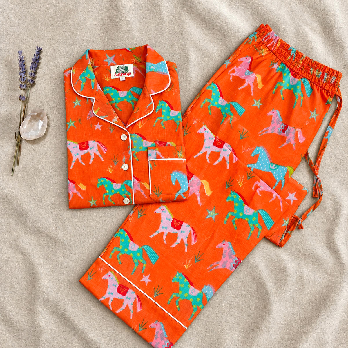 Vibrant Orange Carousel Horse & Star Block Print Cotton Pajama Set, Playful Sleepwear & Loungewear, Gift For Her