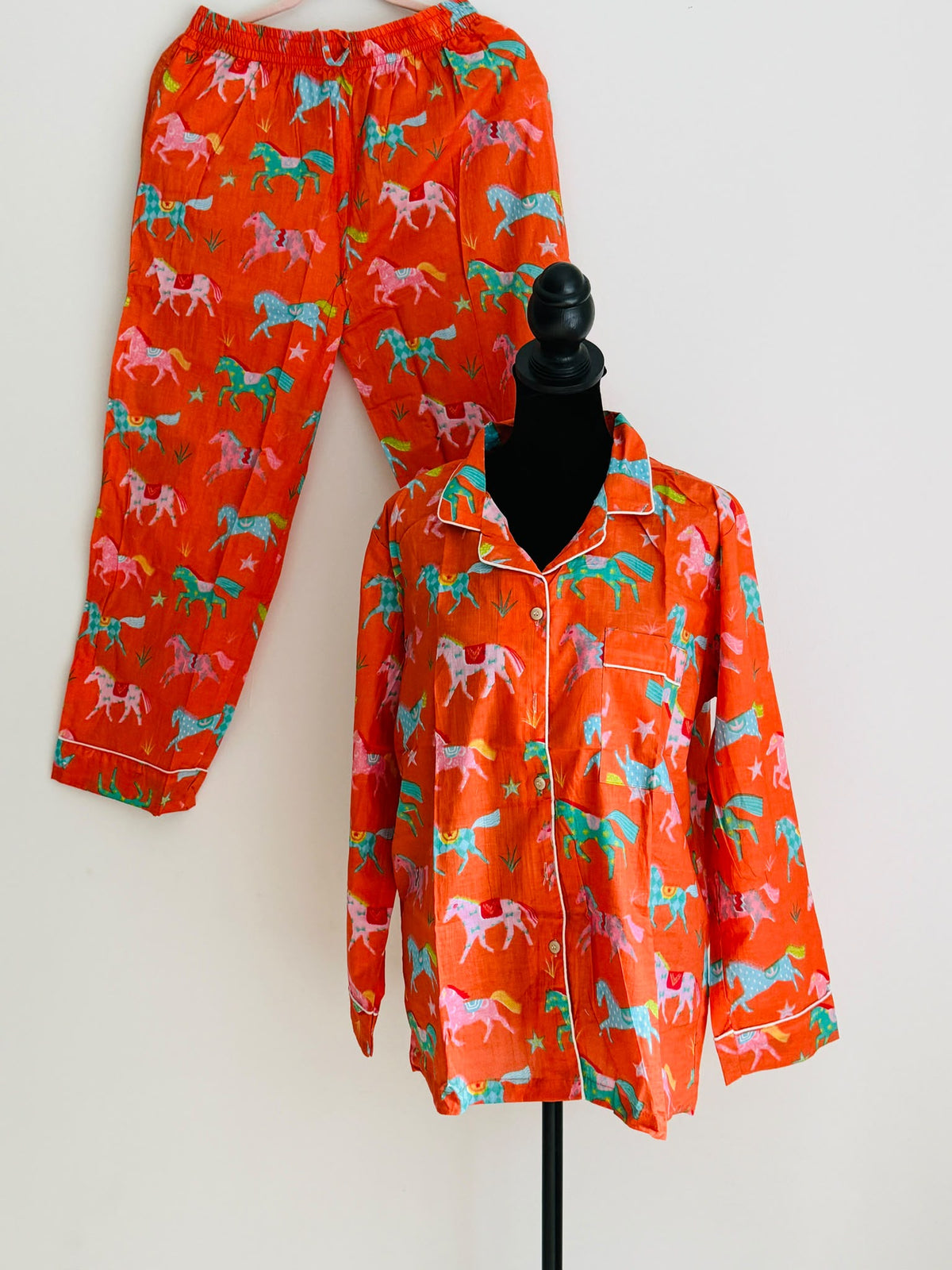 Vibrant Orange Carousel Horse & Star Block Print Cotton Pajama Set, Playful Sleepwear & Loungewear, Gift For Her