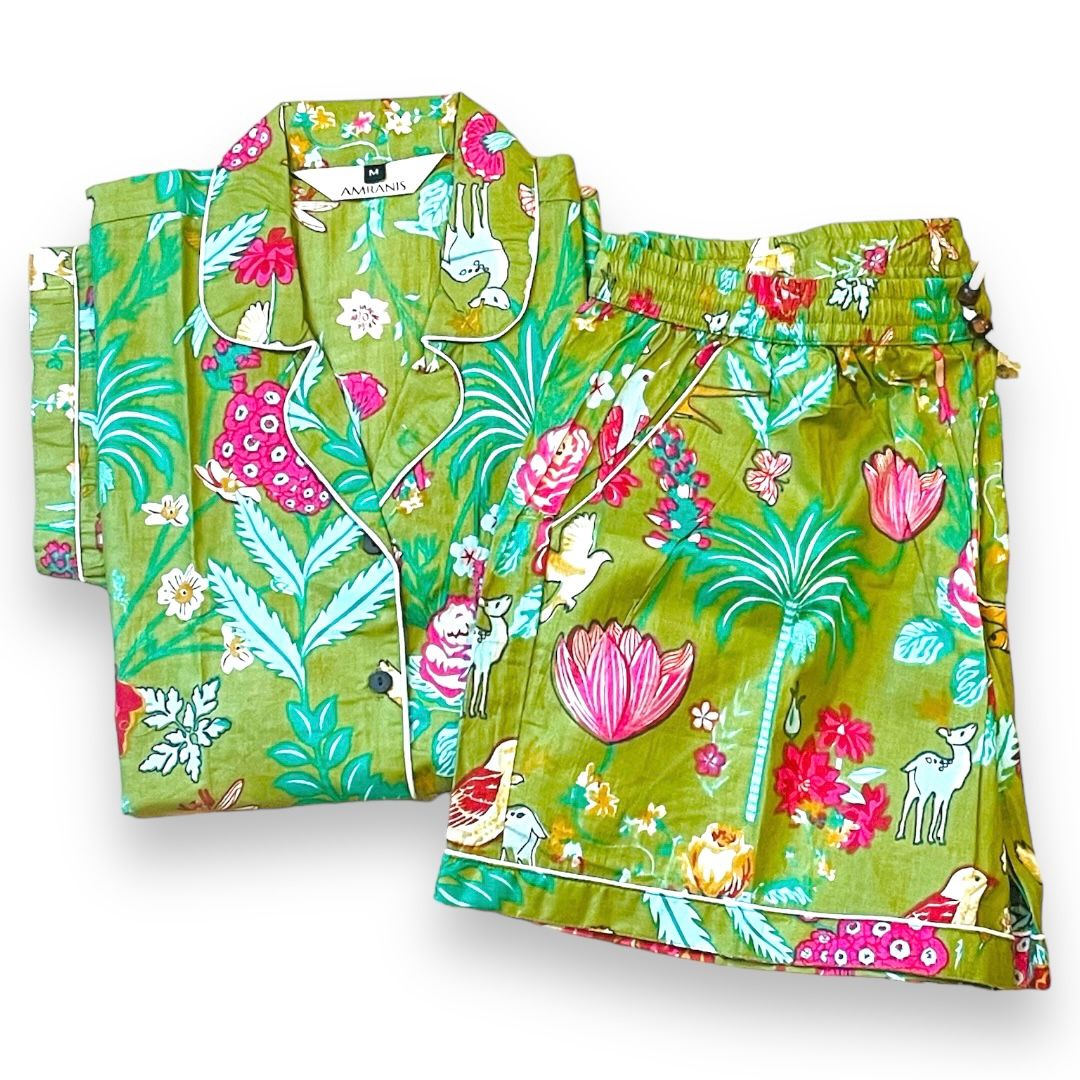Emerald Green Wildlife, Birds & Floral Block Print Cotton Shorts Set, Tropical Summer Sleepwear & Loungewear