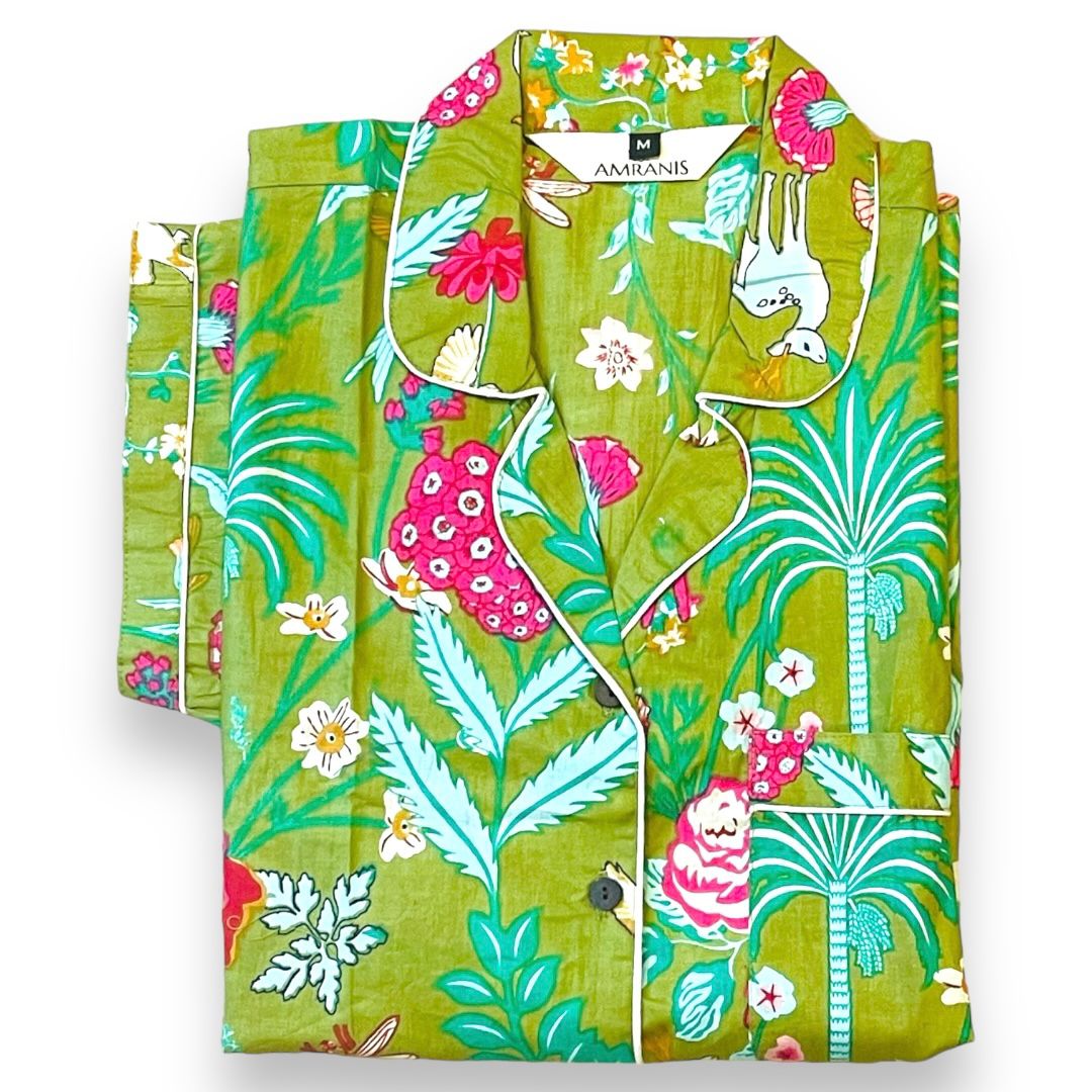 Emerald Green Wildlife, Birds & Floral Block Print Cotton Shorts Set, Tropical Summer Sleepwear & Loungewear