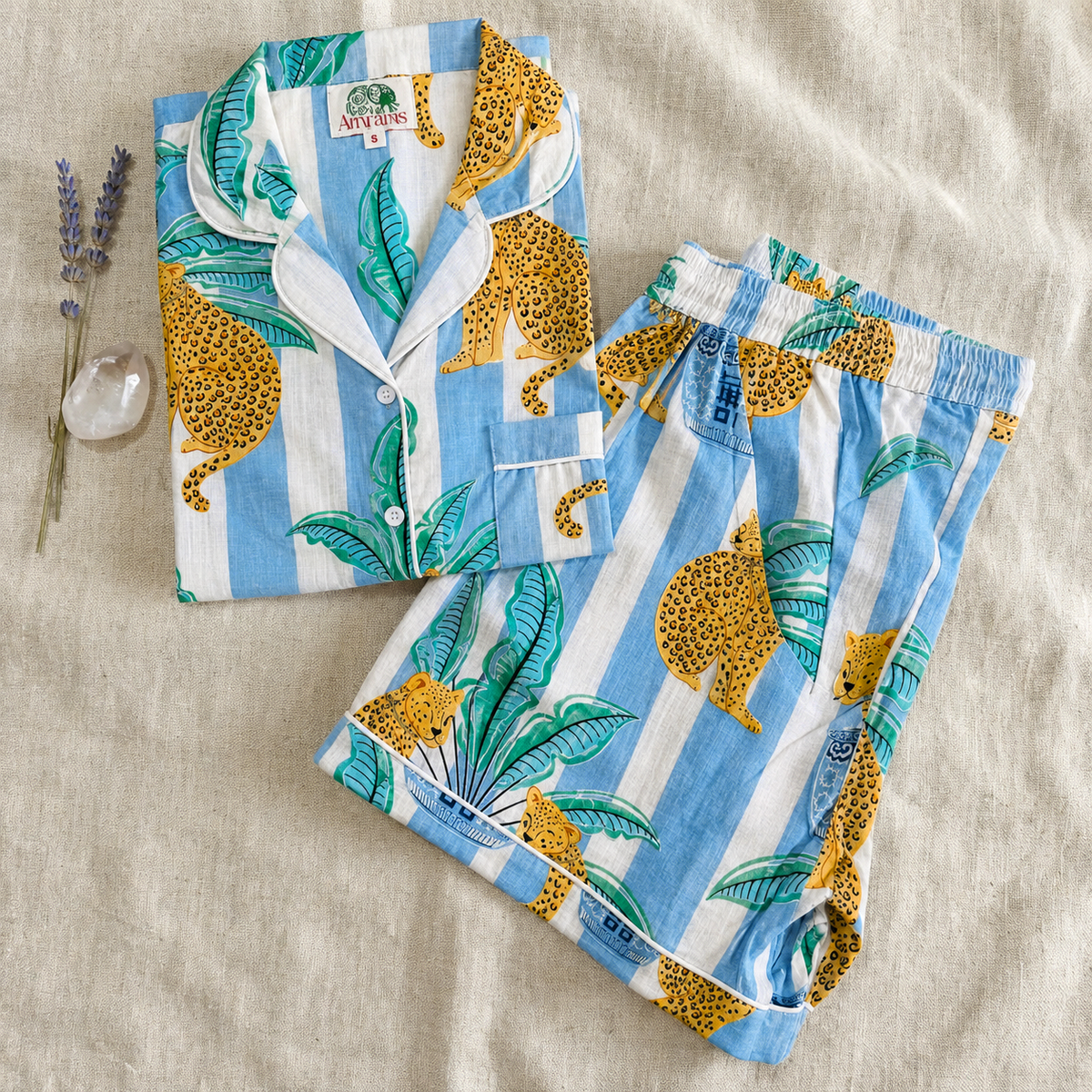 Blue & White Striped Leopard & Ginger Jar Block Print Cotton Shorts Set, Tropical Summer Sleepwear & Loungewear