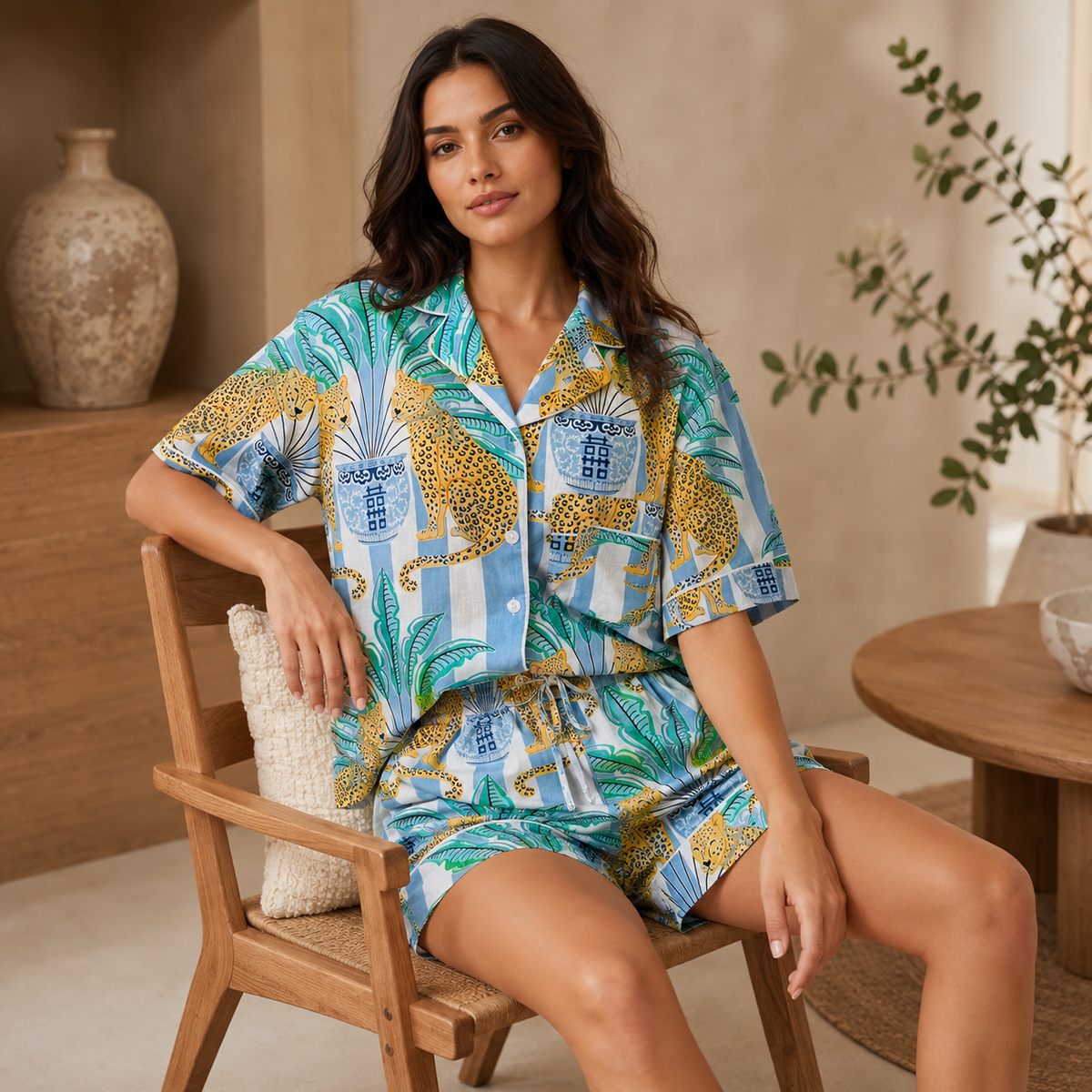 Blue & White Striped Leopard & Ginger Jar Block Print Cotton Shorts Set, Tropical Summer Sleepwear & Loungewear