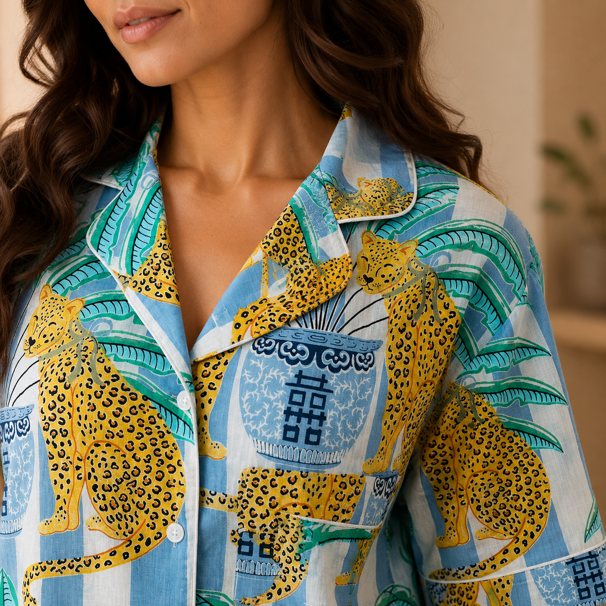 Blue & White Striped Leopard & Ginger Jar Block Print Cotton Shorts Set, Tropical Summer Sleepwear & Loungewear