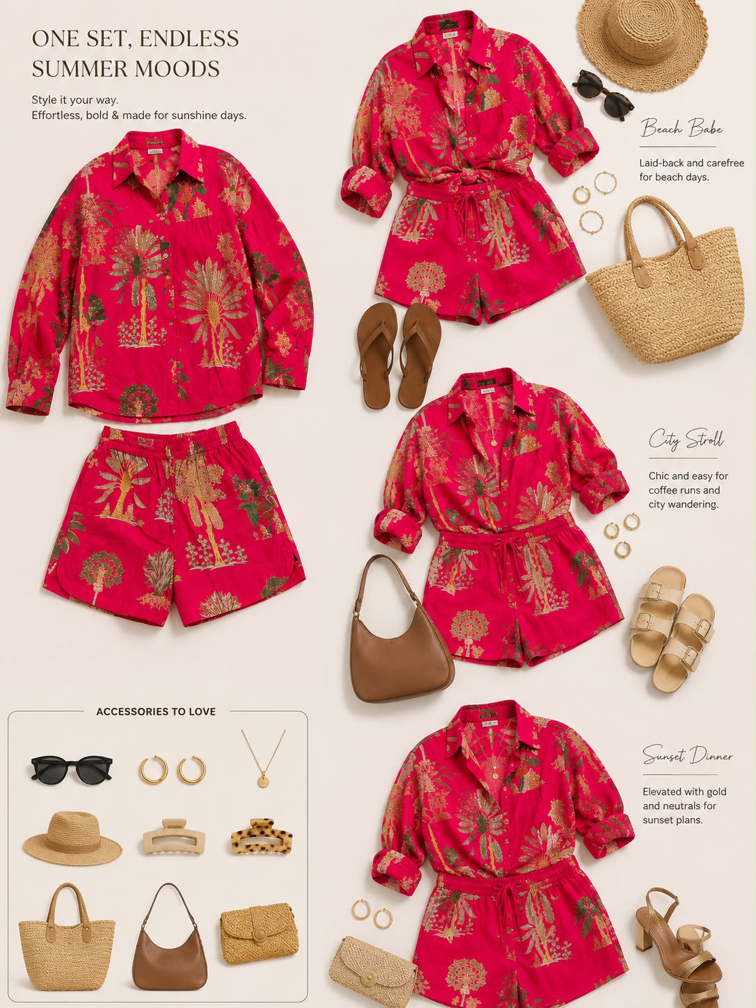 Hot Pink & Gold Palm Tree Block Print Cotton Long Sleeve Sleepwear & Shorts Set, Tropical Loungewear