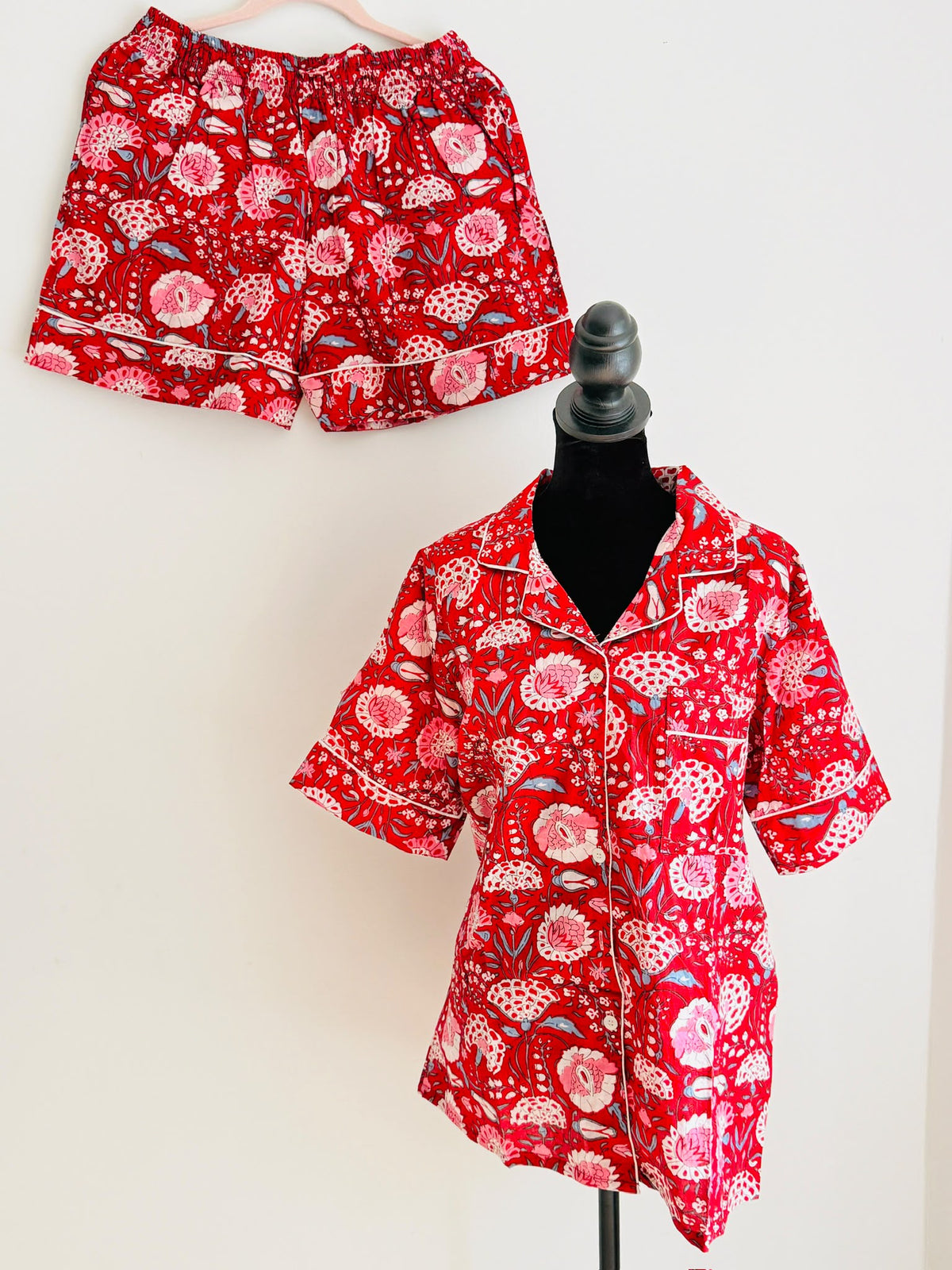 Red & Pink Floral Block Print Cotton Sleepwear Set, Traditional Indian Handblock Pajama & Loungewear