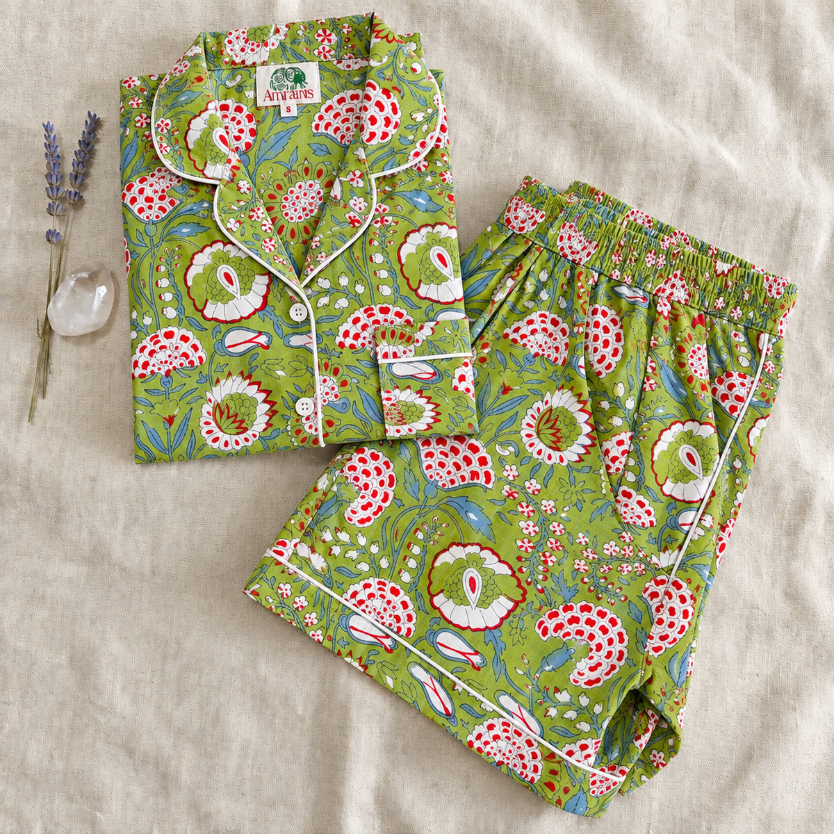 Red & Pink Floral Block Print Cotton Sleepwear Set, Traditional Indian Handblock Pajama & Loungewear