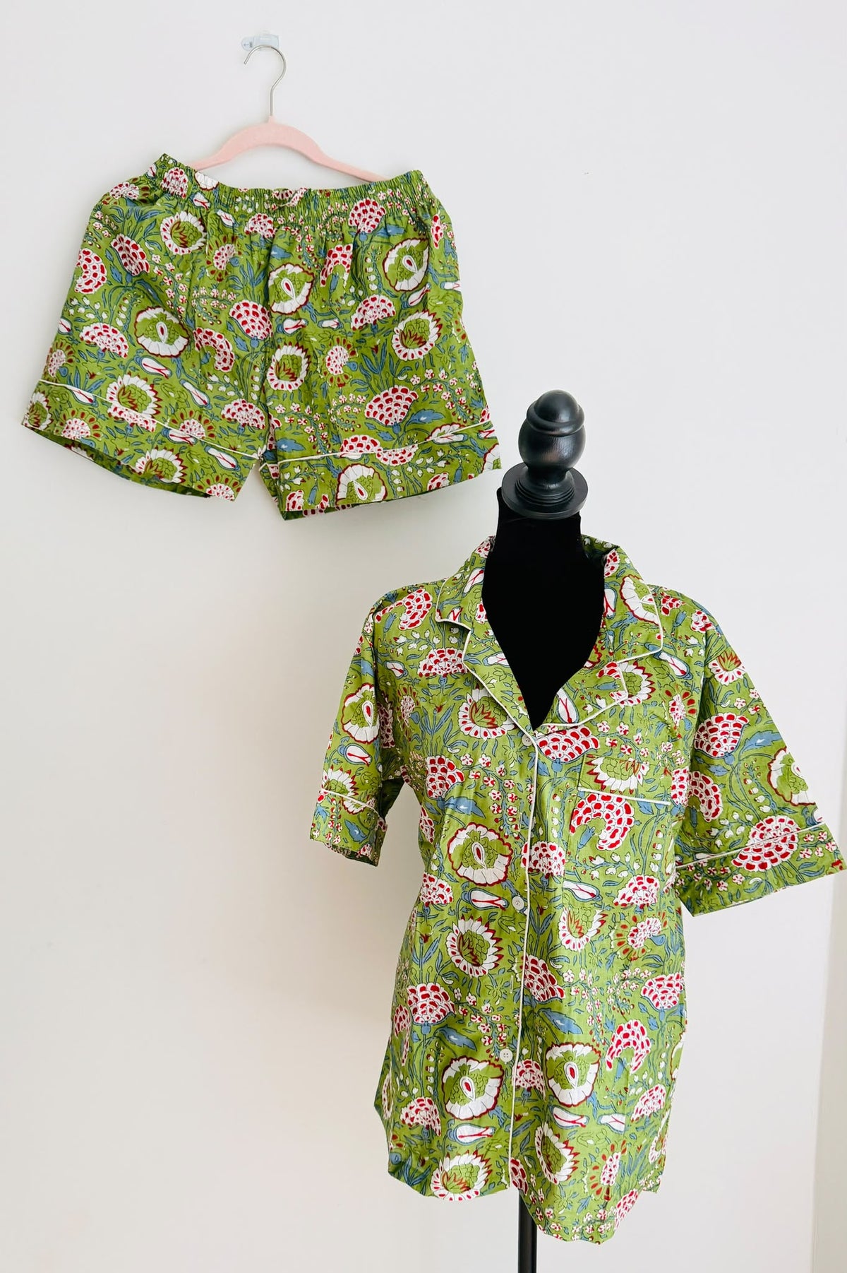 Red & Pink Floral Block Print Cotton Sleepwear Set, Traditional Indian Handblock Pajama & Loungewear