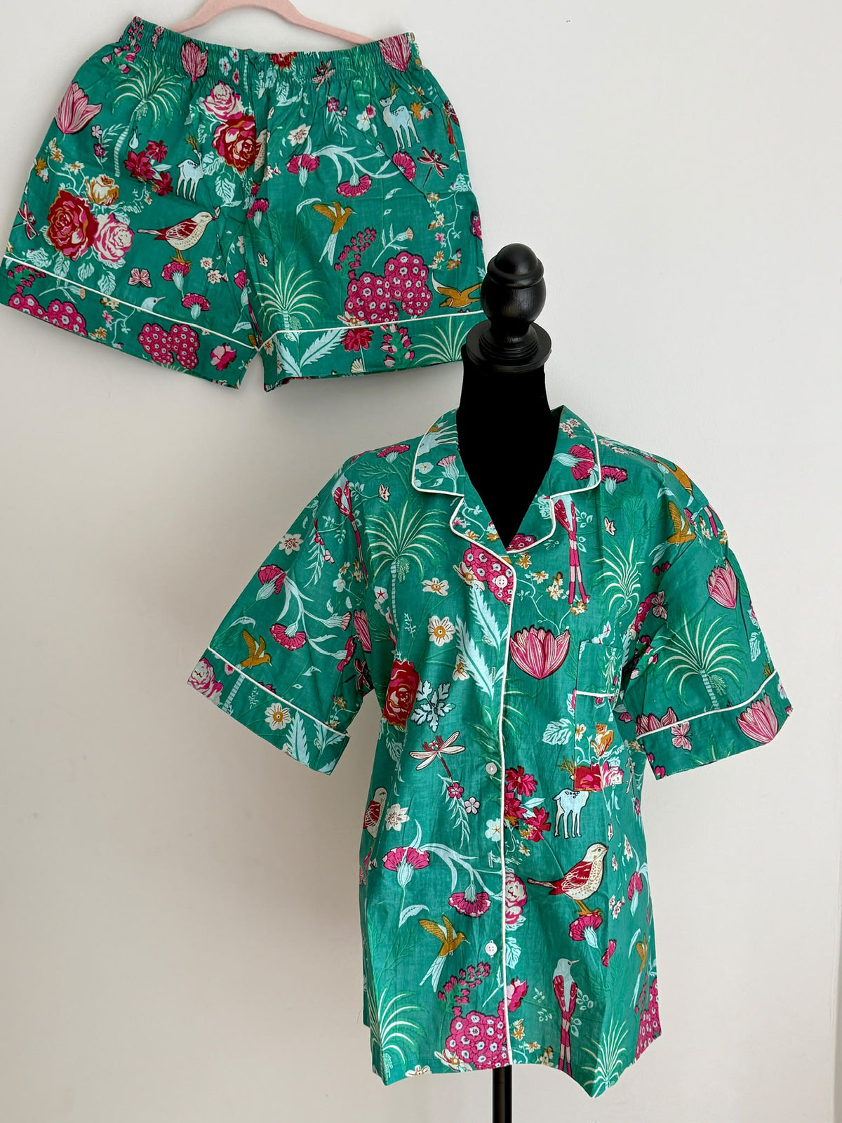 Emerald Green Wildlife, Birds & Floral Block Print Cotton Shorts Set, Tropical Summer Sleepwear & Loungewear
