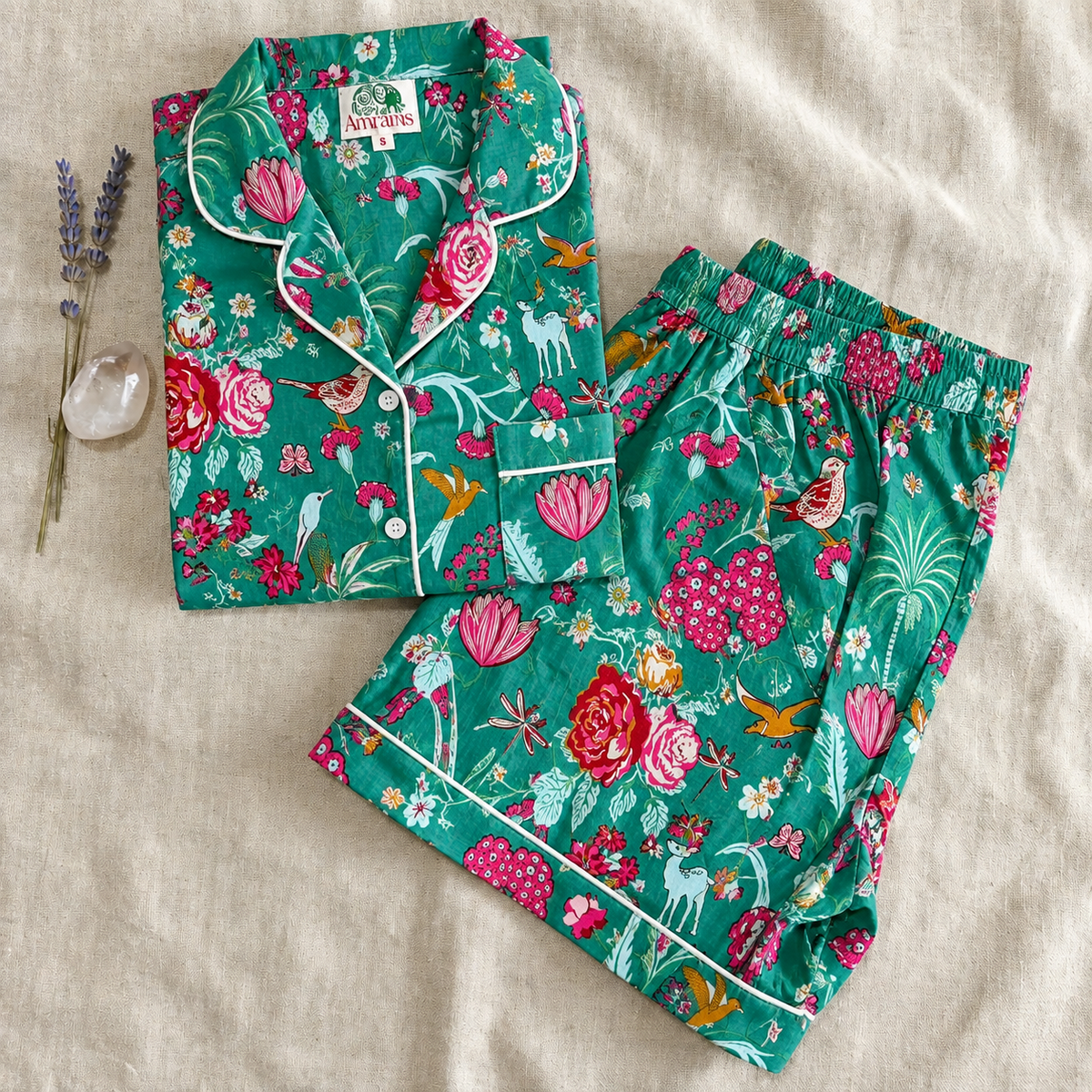 Emerald Green Wildlife, Birds & Floral Block Print Cotton Shorts Set, Tropical Summer Sleepwear & Loungewear