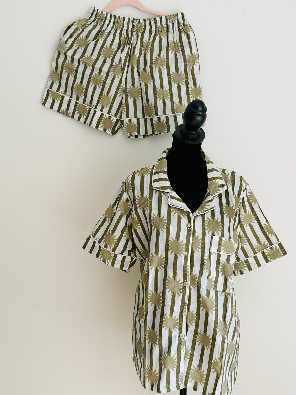 Olive Green Striped & Sunburst Block Print Cotton Sleepwear Set, Summer Pajamas & Loungewear