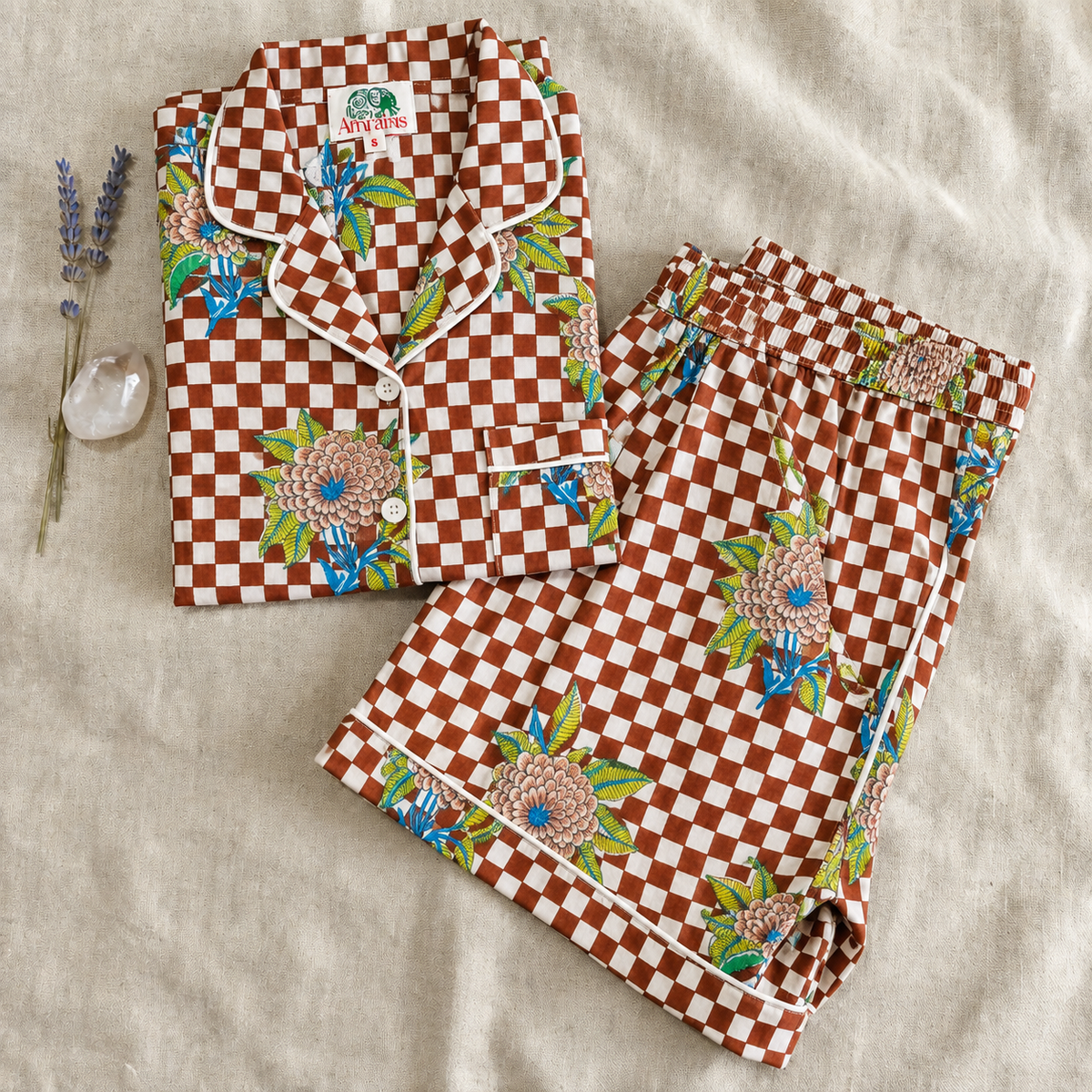 Brown & White Checkered Floral Block Print Cotton Sleepwear Set, Artisanal Pajamas & Loungewear