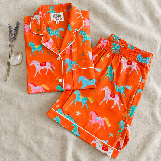 Vibrant Orange Equestrian & Horse Block Print Cotton Sleepwear Set, Summer Pajamas & Loungewear