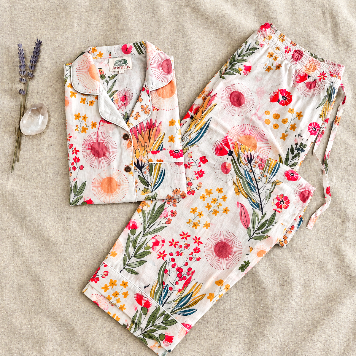 Multicolor Floral Hand Block Print Cotton Pajama Set, Holiday Sleepwea & Loungewear, Christmas Gift
