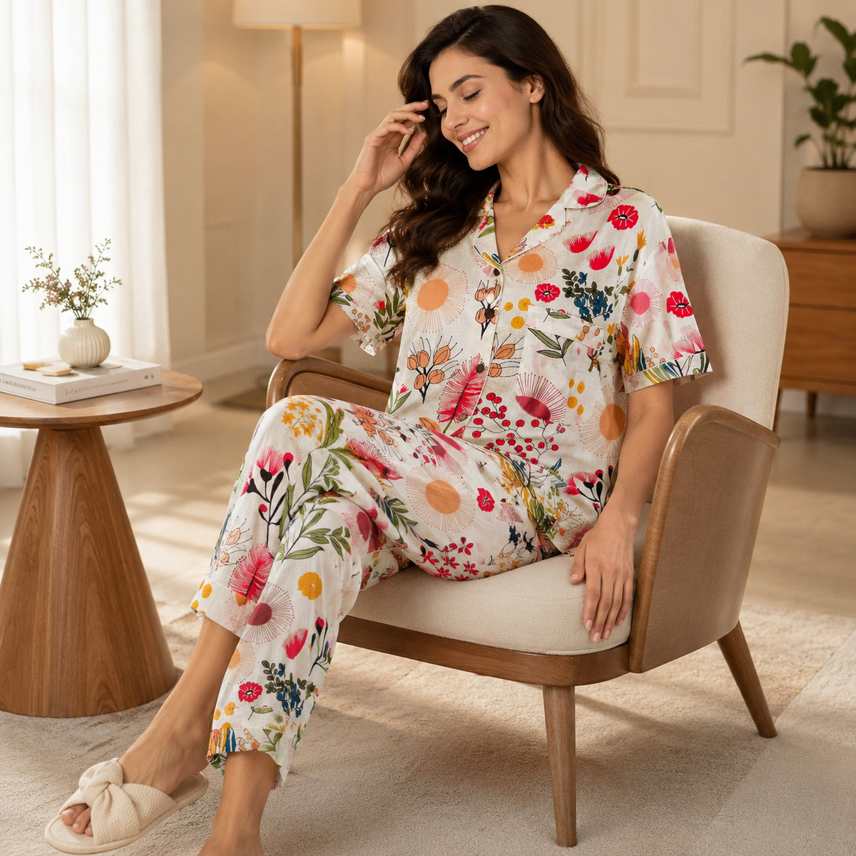 Multicolor Floral Hand Block Print Cotton Pajama Set, Holiday Sleepwea & Loungewear, Christmas Gift