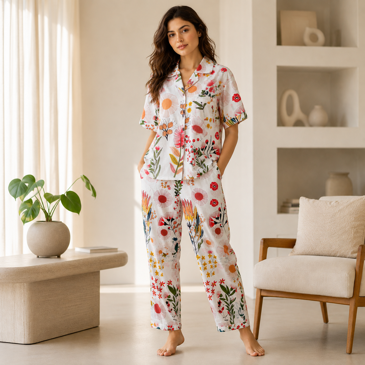 Multicolor Floral Hand Block Print Cotton Pajama Set, Holiday Sleepwea & Loungewear, Christmas Gift