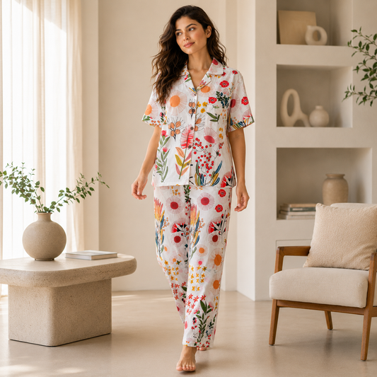 Multicolor Floral Hand Block Print Cotton Pajama Set, Holiday Sleepwear &amp; Loungewear, Christmas Gift
