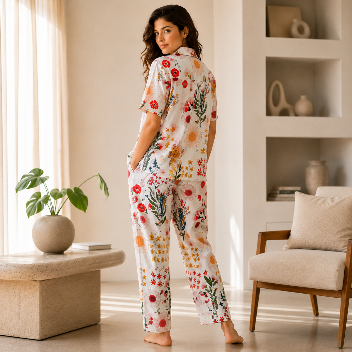 Multicolor Floral Hand Block Print Cotton Pajama Set, Holiday Sleepwea & Loungewear, Christmas Gift