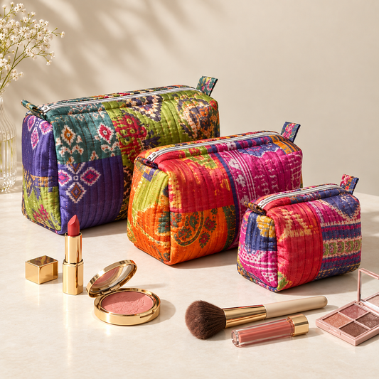 Set Of 3 Makeup Bag, Banarasi Patchwork Silk Travel Case, Quilted Vintage Silk Cosmetic Storage Organizer