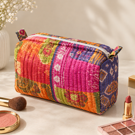 Set Of 3 Makeup Bag, Banarasi Patchwork Silk Travel Case, Quilted Vintage Silk Cosmetic Storage Organizer