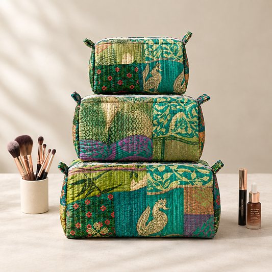 Set Of 3 Makeup Bag, Kantha Silk Bageecha Travel Case, Quilted Vintage Silk Toiletry Vanity Pouch Set