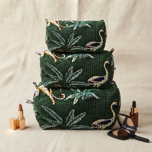 Set Of 3 Makeup Bag, Jangal Safari Cheetah Block Print Cotton Wash Pouch, Quilted Travel Vanity Organizer Set