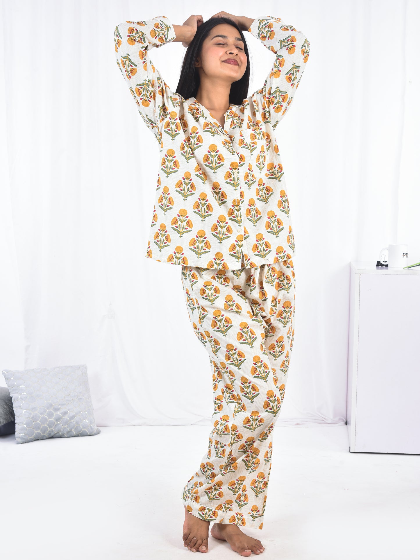 Yellow Block Printed Long PJ Set