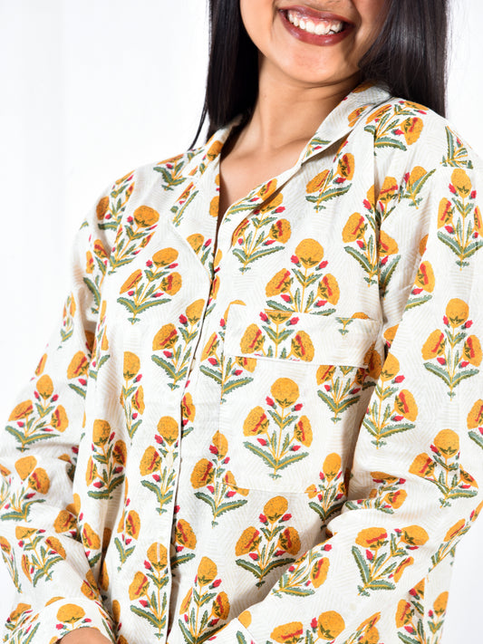 Mustard Marigold Block Print Cotton Pajama Set, Vintage Floral Sleepwear & Lounge Apparel
