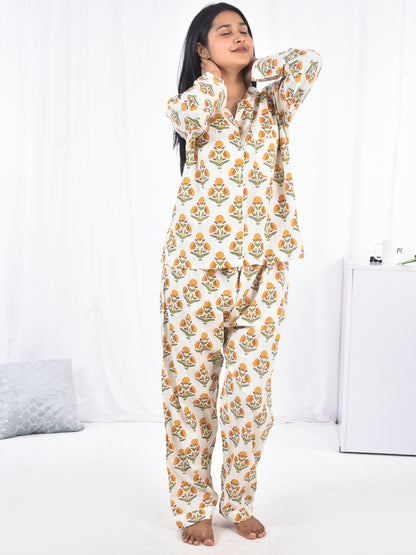 Yellow Block Printed Long PJ Set