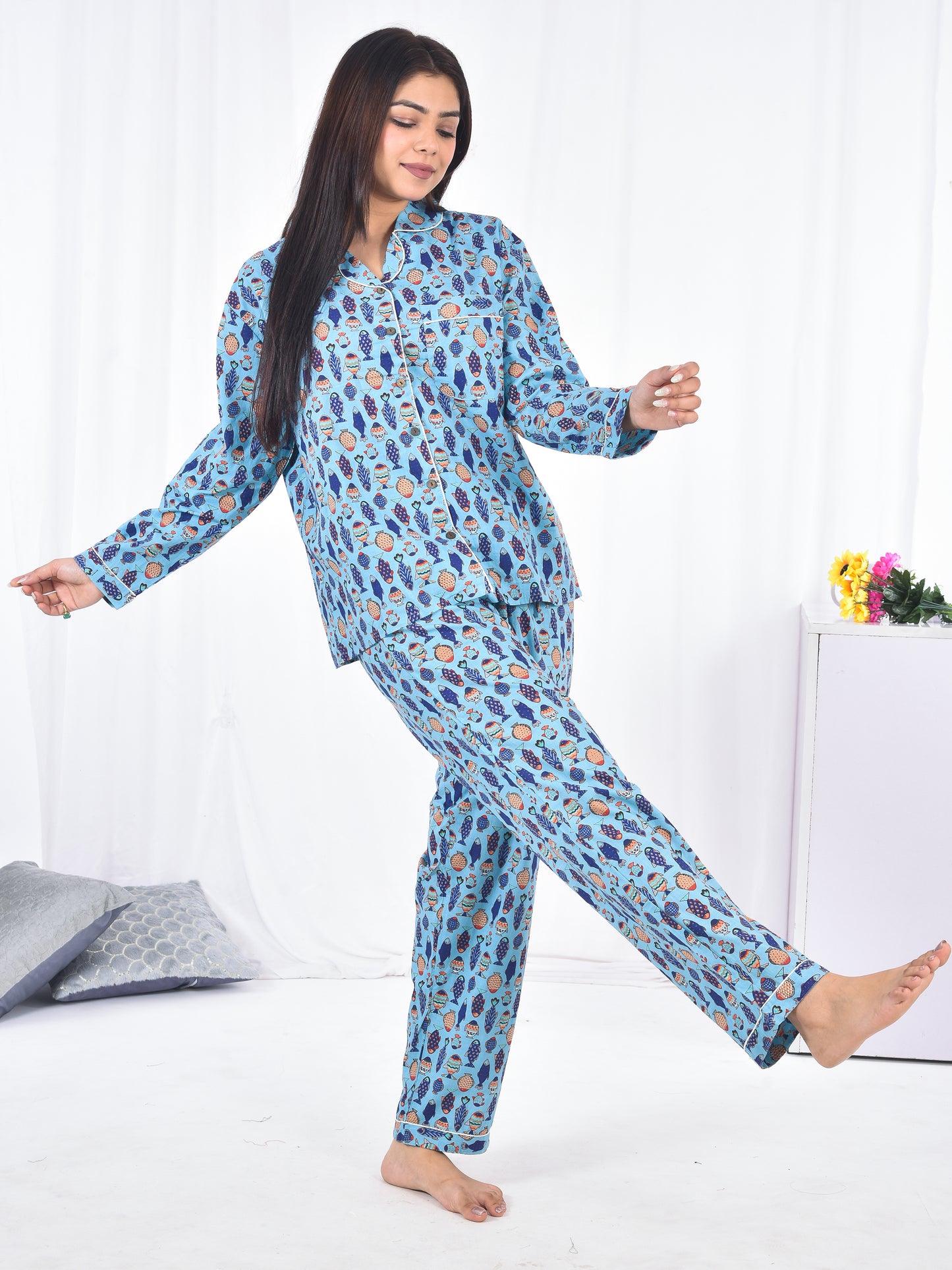 Long PJ Set in Aqua Blue
